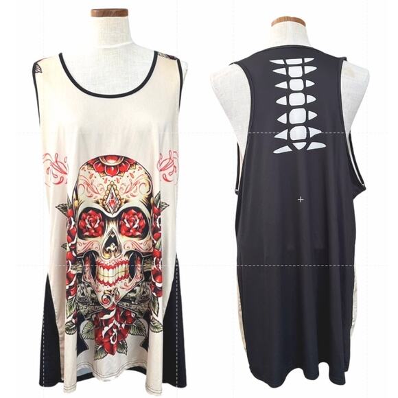 Halloween Day of Dead Sugar Skull Tank Top 5XL Plus Goth Cutout Back Graphic - Picture 1 of 10
